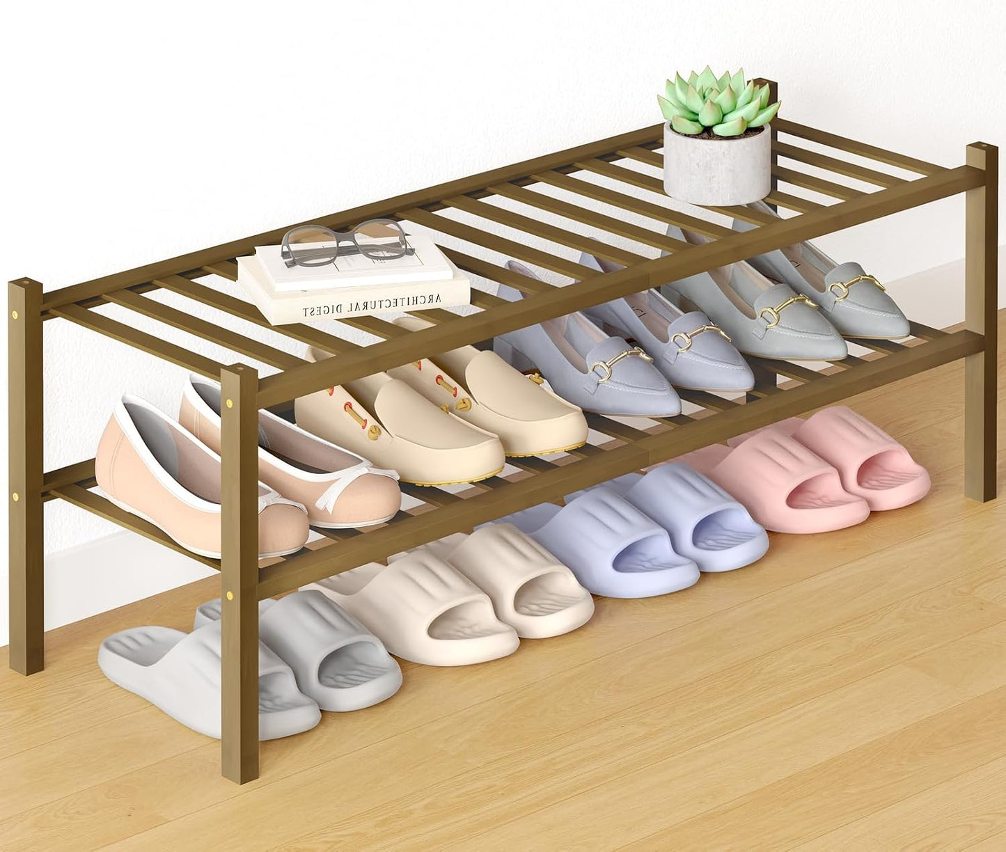 Smiry Bamboo Shoe Rack for Closet, 3 Tier Wooden Shoe Organizer, Stackable Wood Shoe Storage Shelf for Entryway, 14 Vertical Slats, One-piece Heavy-Duty Legs, 26.77"x11.02"x18.31", Natural