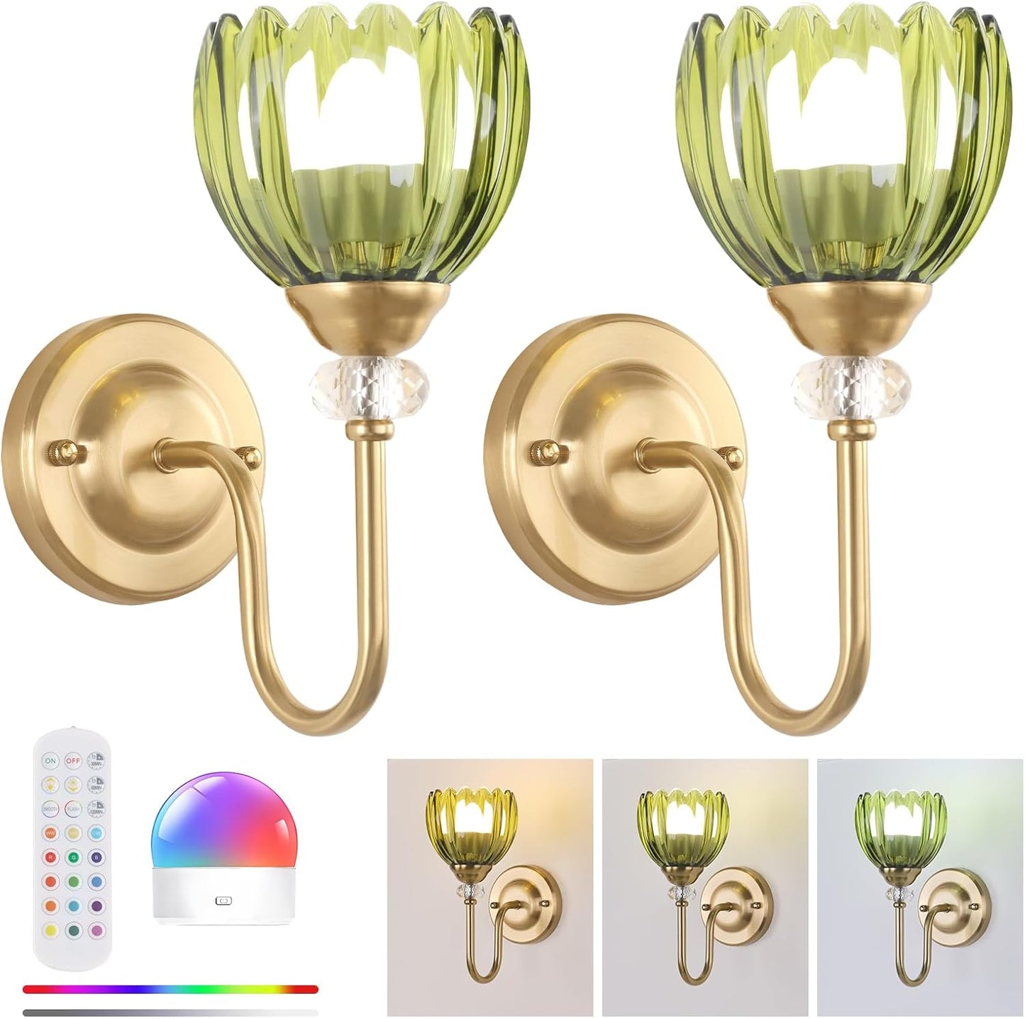Set of 2 Vintage Battery Operated Wall Sconce, Rechargeable Wall Lamp with 5000mAh Battery & Remote Control, Dimmable Wall Lights with tulip shade for Bedroom Bathroom Living Room, (Tulip Amber Up)