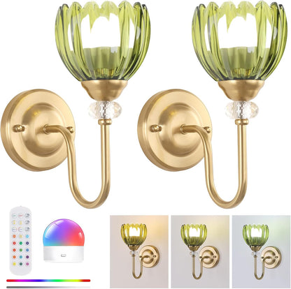 Set of 2 Vintage Battery Operated Wall Sconce, Rechargeable Wall Lamp with 5000mAh Battery & Remote Control, Dimmable Wall Lights with tulip shade for Bedroom Bathroom Living Room, (Tulip Amber Up)