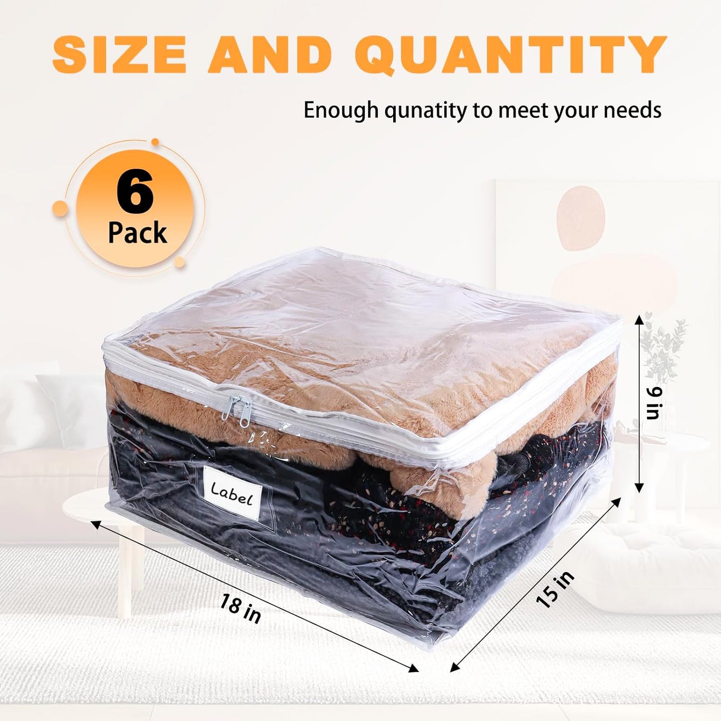 Clear Zippered Storage Bags Plastic Sweater Storage Bags with Zipper 6 Packs Clothing Organizer for Blankets Linen Sweater Bed Sheet Quilt Clothes Pillow (15.7 x 13.8 x 3.9 Inch, White)