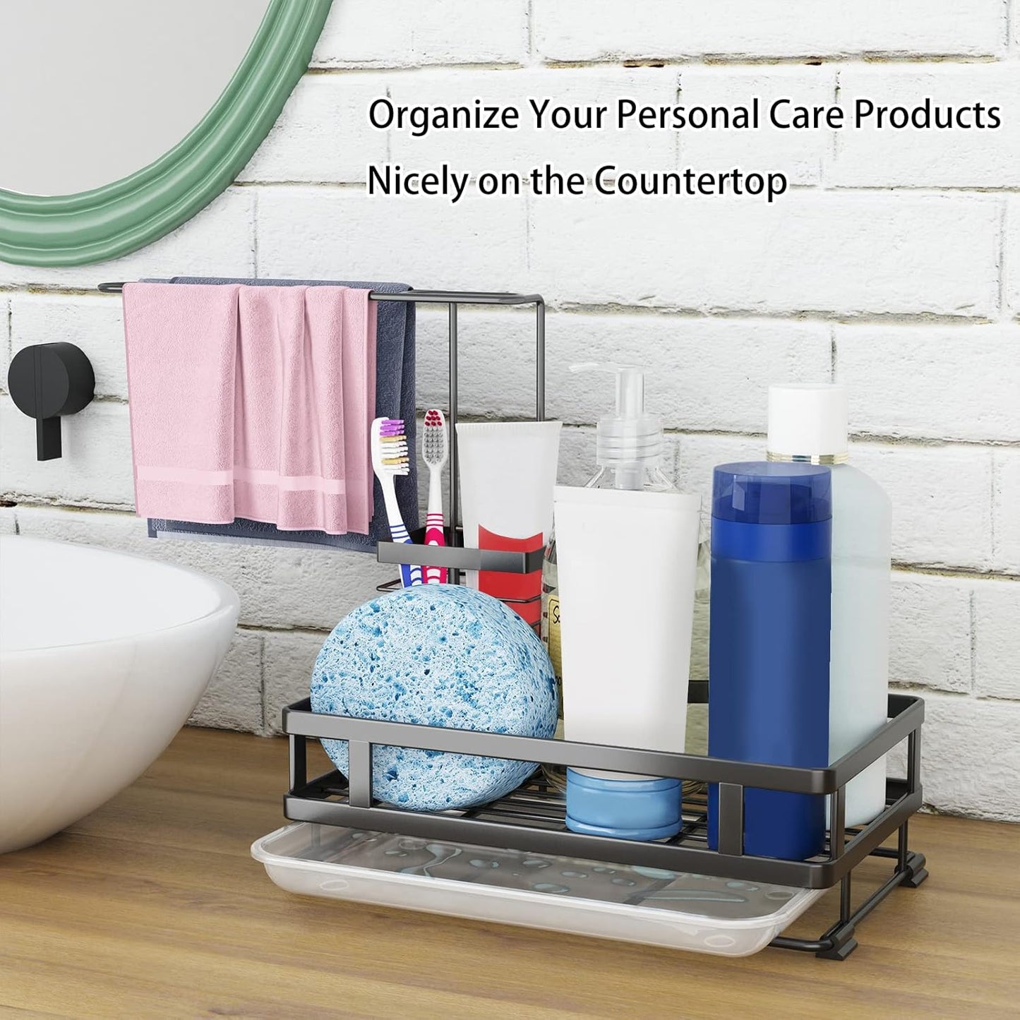Godboat Kitchen Sink Organizer with Brush Rack, 304 Stainless Steel Dish Soap Dispenser, Sponge Holder for Kitchen Sink, Sink Caddy with Drain-Pan, Cool Kitchen Gadgets & Gifts for Women, Christmas