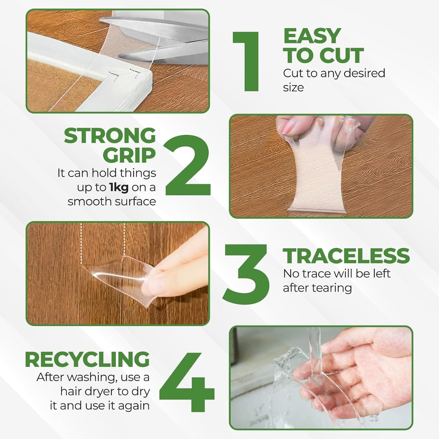 Nano Double-Sided Clear Adhesive (16.5f) Tape mounting Tape for Picture Hanging Water Proof Suitable for Rugs Washable Removeable tracelss multiuse Office and Out Door use Cinta adhesiva Doble cara