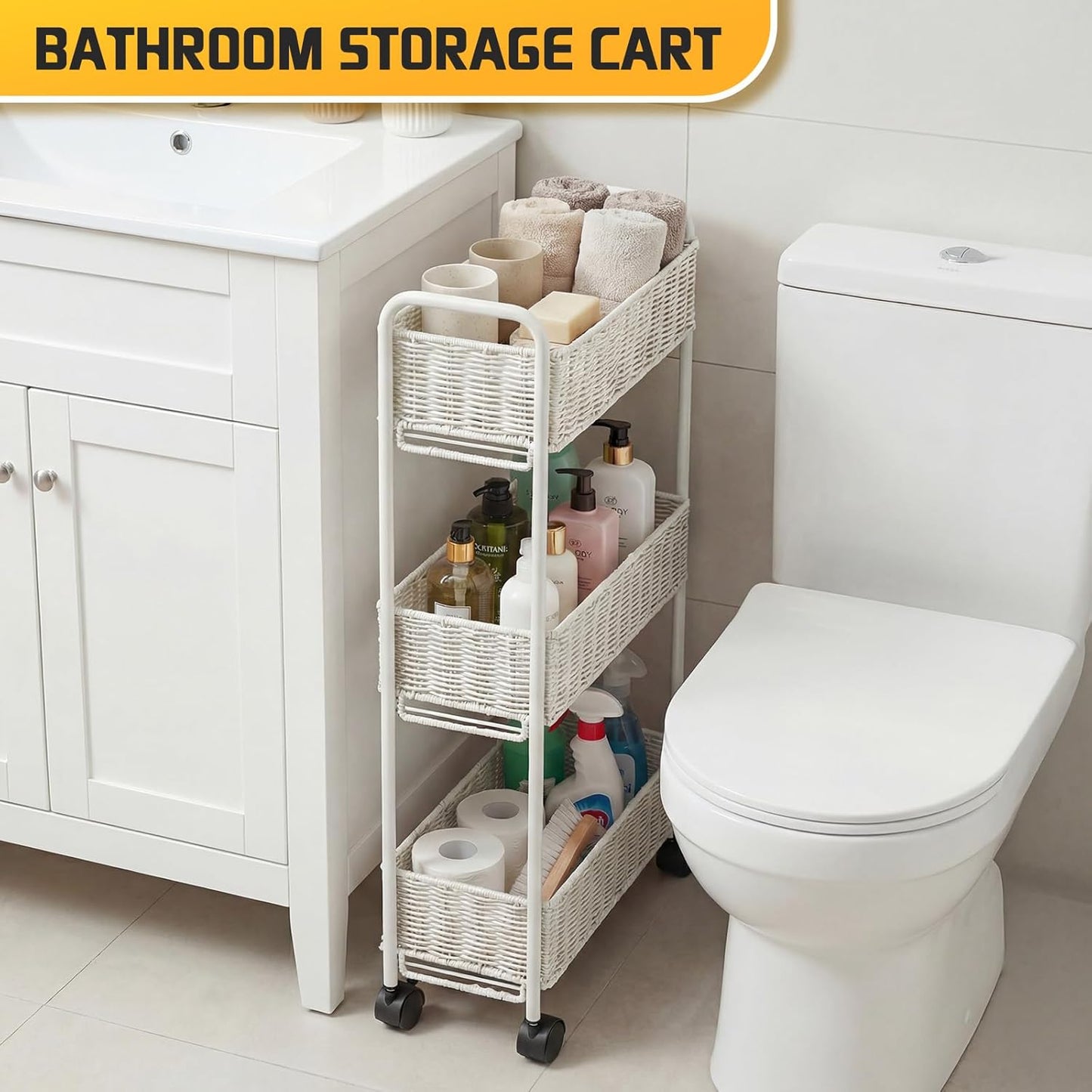 FOCHIER F Utility Slim Storage Cart,3-Tier Rolling Kitchen Office Laundry Room Cart,Mobile Shelving Unit Organizer for Living Room Bathroom Baby Diaper Narrow Places (Black, 3 Tiers-7.1 inch (W))