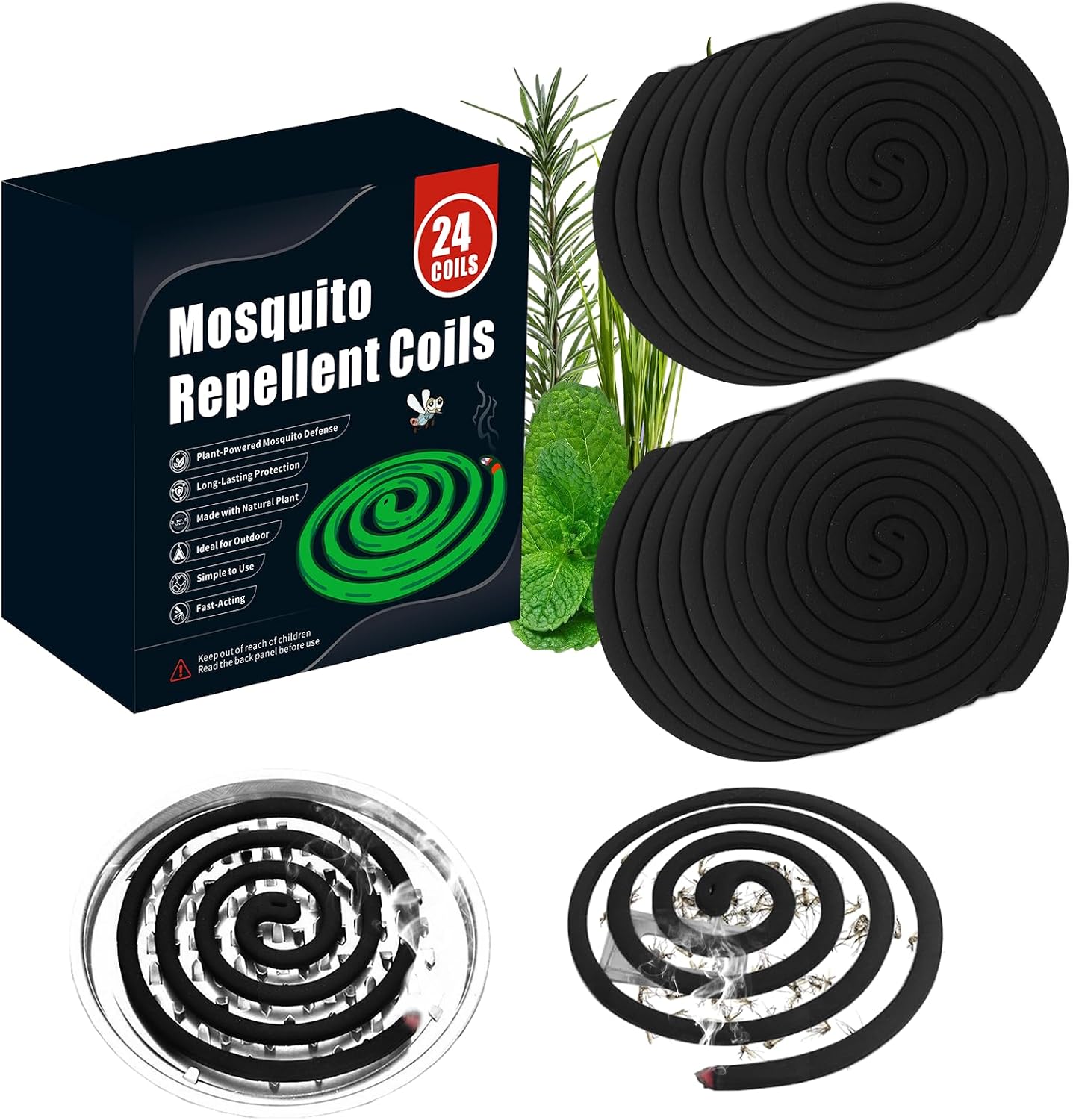 24 Extra Strength Mosquito Repellent Coils with 1 Metal Holder & 6 Stands, Citronella Incense Mosquito Coils Outdoor Patio Yard Camping Use, Long Lasting 6-8 Hrs Plant-Based Mosquito Coil Incense