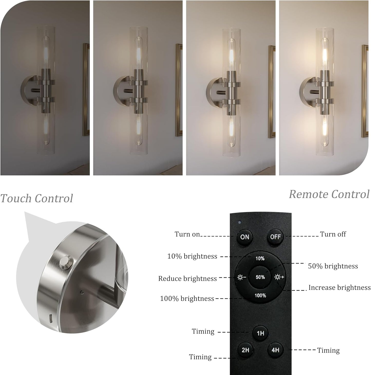 Battery Operated Wall Sconce Set of 2, 10000mAh Rechargeable Wireless Wall Lights Remote Control, Cordless Timer Dimmable Glass Wall Lamps for Living Room Bedside Entryway Emergency Gold 16.5 Inch