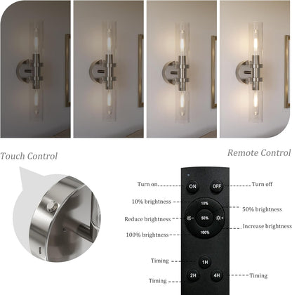 Battery Operated Wall Sconce Set of 2, 10000mAh Rechargeable Wireless Wall Lights Remote Control, Cordless Timer Dimmable Glass Wall Lamps for Living Room Bedside Entryway Emergency Gold 16.5 Inch
