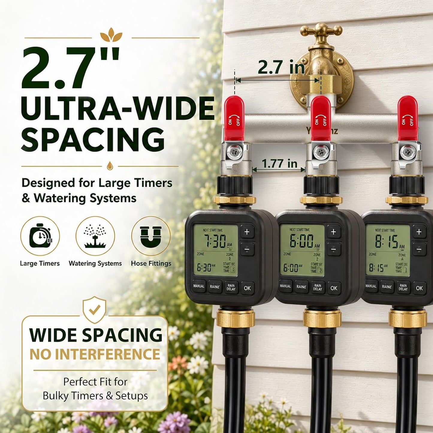 Garden Hose Splitter 3-Way, Heavy Duty Brass Hose Splitter | Outdoor Water Spigot Splitter, Full Flow, Long Handles, Shut-off Valves, Wide Spacing Fit Large Timer