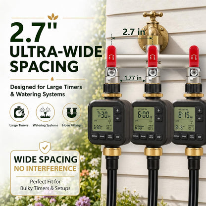 Garden Hose Splitter 3-Way, Heavy Duty Brass Hose Splitter | Outdoor Water Spigot Splitter, Full Flow, Long Handles, Shut-off Valves, Wide Spacing Fit Large Timer
