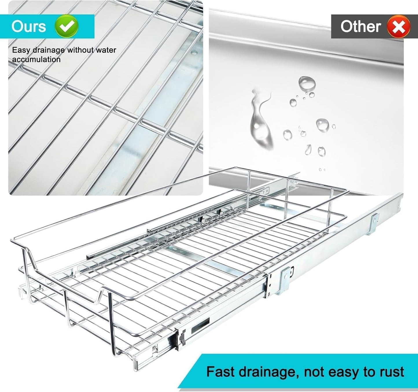 2 Tier Pull Out Cabinet Organizer 11" W X 22" D, Slide Out Drawers For Kitchen Cabinets, Pull Out Drawers For Cabinets Capacity Heavy Duty Caddy, Cabinet Pullout Shelves Chrome-Plated, Bathroom Pantry