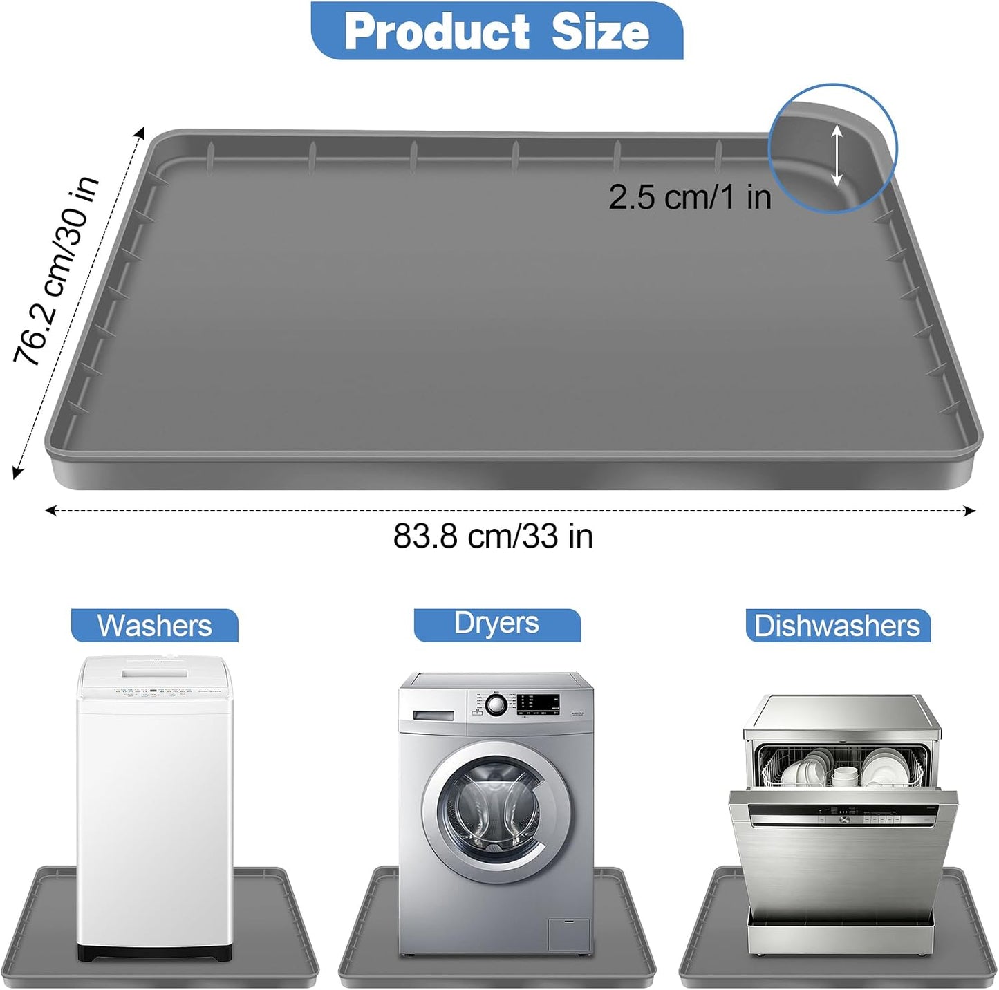 ToLanbbt 27" x 27" Washing Machine Drain Pan Mat, Soft Silicone Washer Drip Tray with 0.78" Raised Edge, Water-Proof Anti-Vibration Leak-Proof Floor Protector for Under Washer, Dryer, Fridge (Gray)