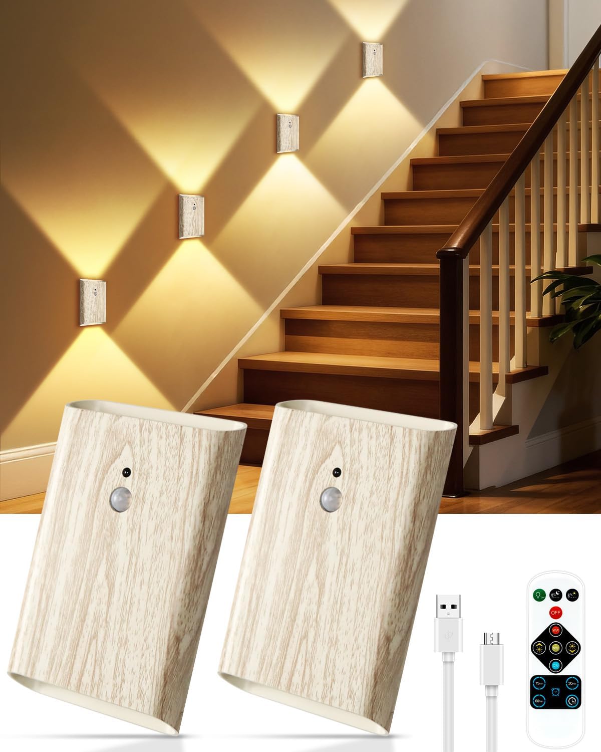 Rechargeable Motion Sensor Wall Sconce Set of 2 – 5000mAh Wireless Battery Operated Wall Light Indoor, 3 Colors Up/Down Lighting Magnetic Night Light with Remote Control for Bedroom, Hallway (Black)