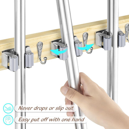 OUTNILI Mop and Broom Holder Wall Mount - Wood Broom Mop Hanger - Wall Mounted Garden Tool Rack Organizer for Closet Garage Laundry Room for Rustic Kitchen Decor With 5 Slots & 4 Hooks