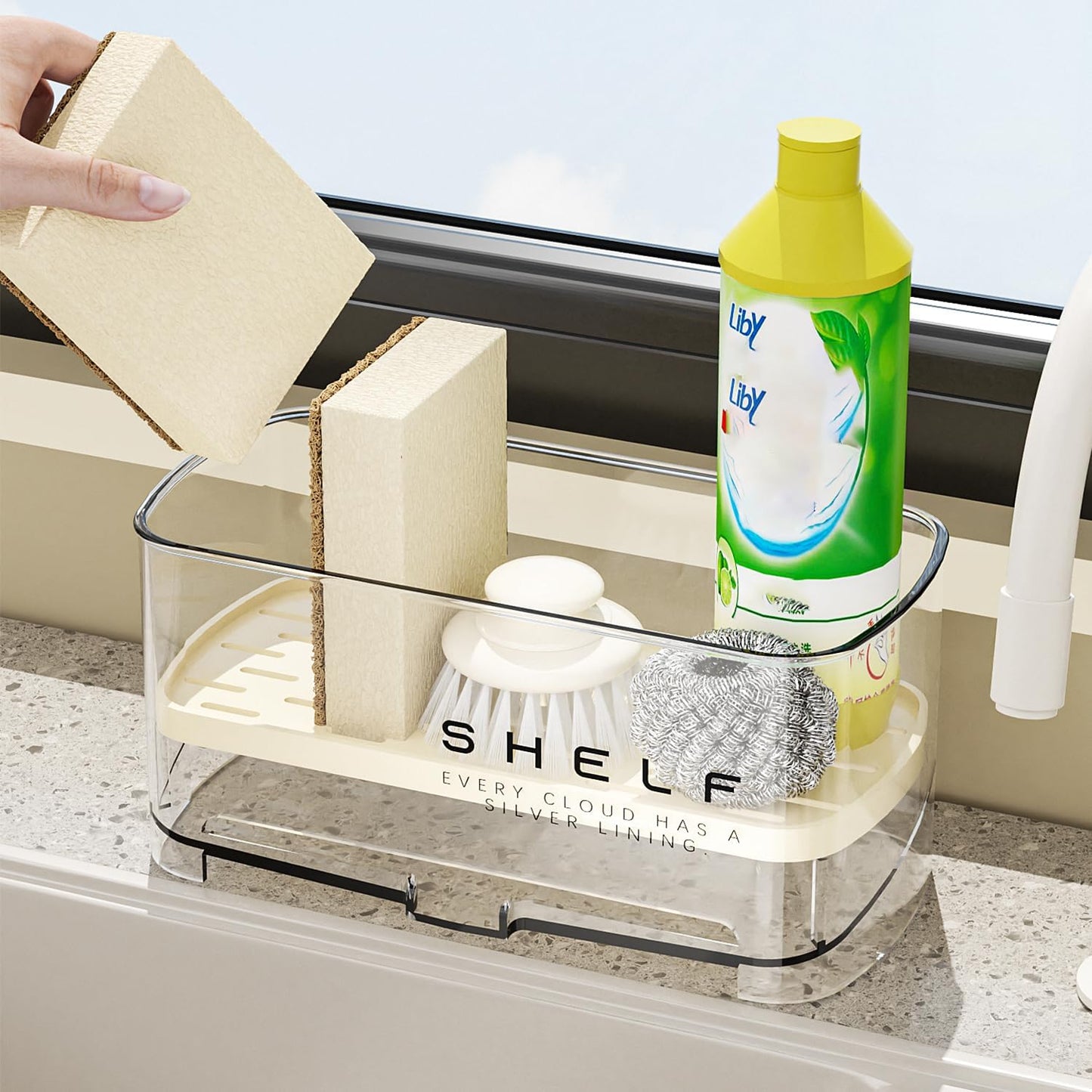 Sponge Holder for Kitchen Sink, Clear Acrylic Sink Organizer with Auto-Draining Tray, Countertop Sink Caddy for Sponges, Soap, Brush & Cleaning Tools