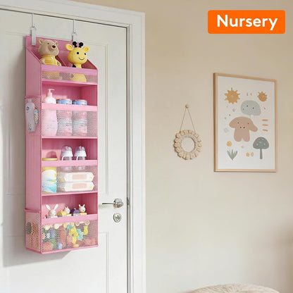 Lifewit 4 Tier Over the Door Diaper Organizer for Nursery, Large Heavy Duty Hanging Storage with 4 Mesh Side Pockets, Sturdy Back of Door Shelf for Baby Stuff Toy in Pantry, Laundry, Bathroom, Gray