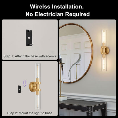 SANTOSTOCK Gold Battery Operated Wall Sconce Set of 2, 12000mAh Rechargeable Wall Lights with Remote Control, Wireless Dimmable Wall Lamps for Bedroom Living Room Bathroom Hallway Stairwell