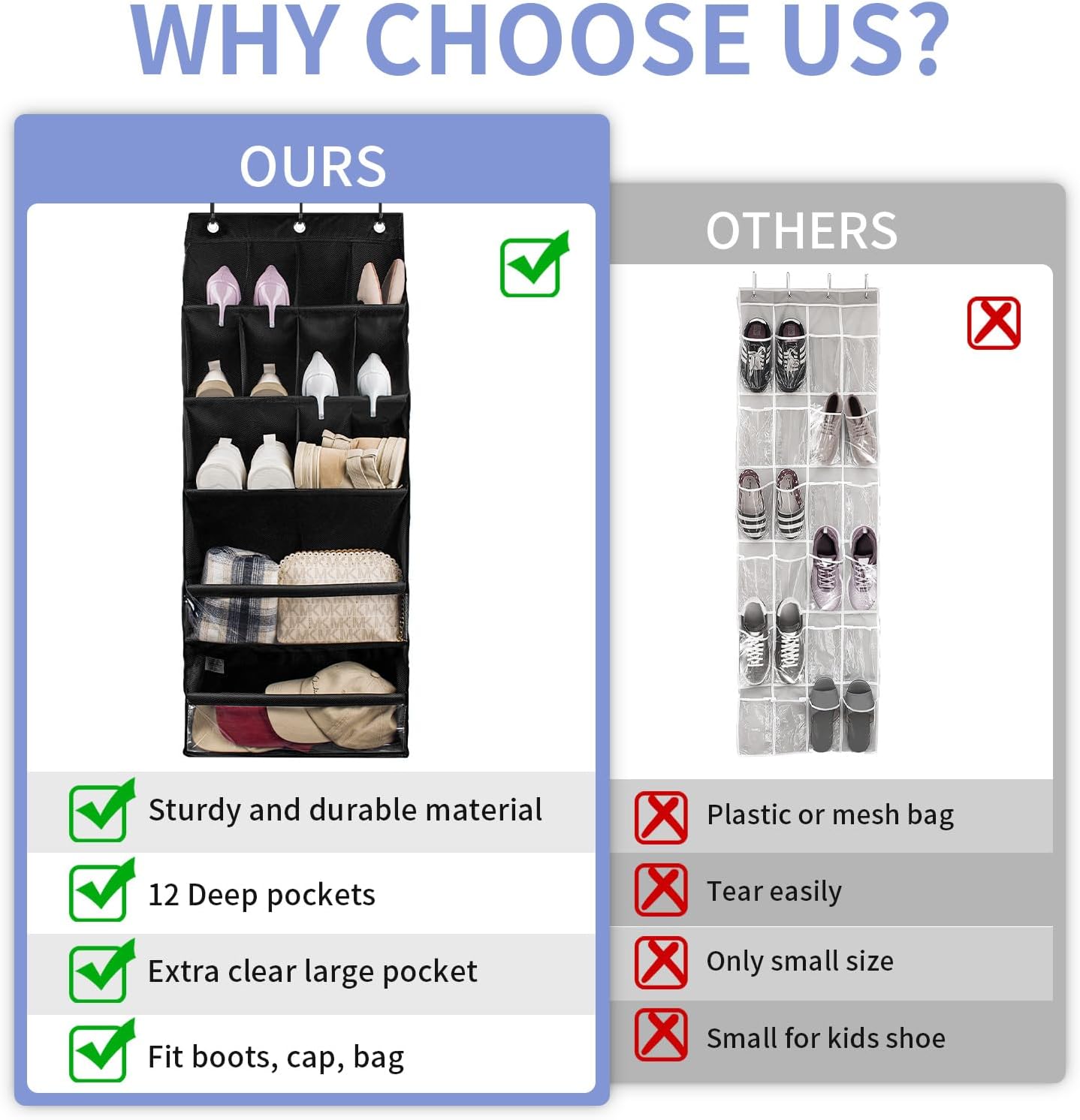 FENTEC 1 Pack Over-the-Door-Shoe-Organizers,Hanging Organizers with Large Pocket Shoe Holder Hanging Shoe Rack for Closet Shoe Organizer for Wall, Over Door Organizer with 15 Pockets Gray