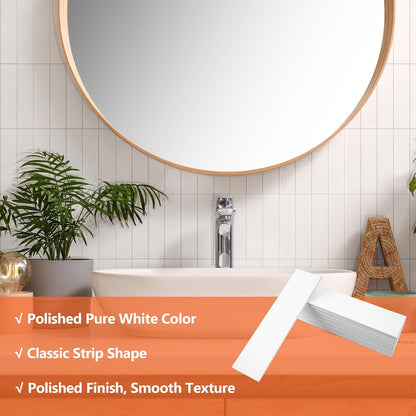 80-Piece Polished White Thick PVC Peel and Stick Backsplash, 2" x 8" Waterproof Subway Tile Peel and Stick Wall Tiles for Kitchen and Bathroom
