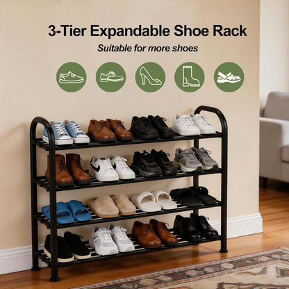 4-Tier Expandable Shoe Rack, Stackable and Adjustable Shoes Organizer Storage Shelf, Sturdy and Durable Metal Structure Free Standing Shoe Rack for Closet Entryway Doorway