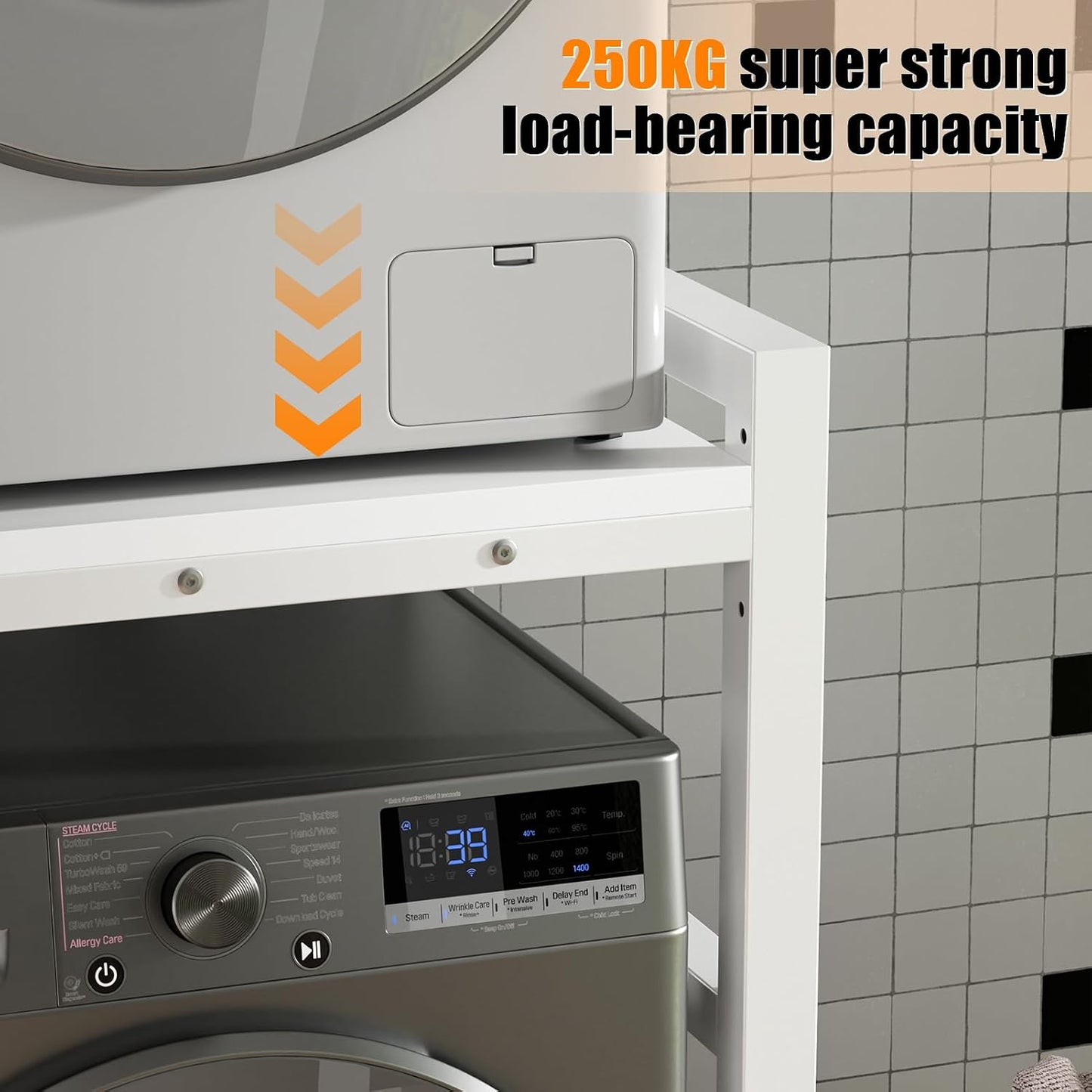 Washer Dryer Stacking Rack Stand, Over the Washer and Dryer Storage Shelf, Height Adjustable Standing Washer Dryer Machine Rack, Stackable Shelf for Laundry Room Apartments (White)