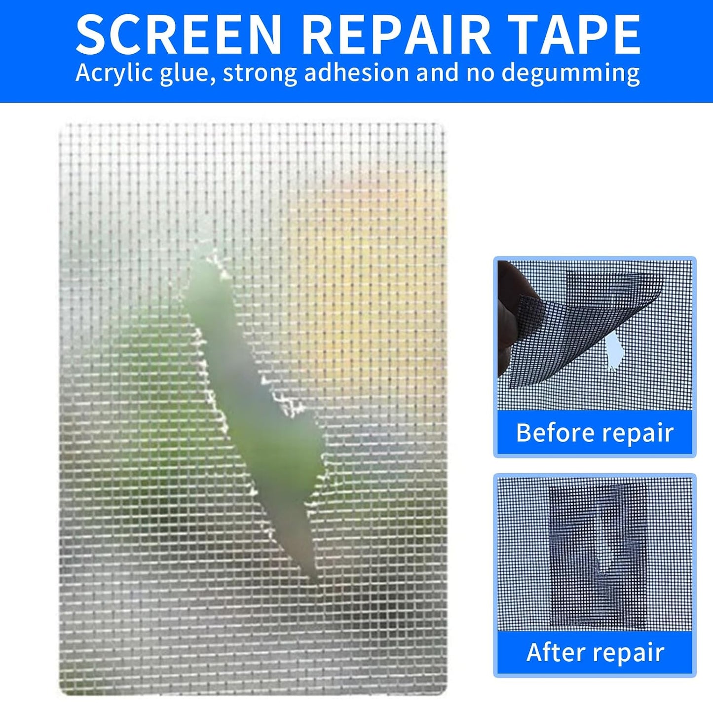 Fiberglass Window Repair Tape 4in X 15FT, Waterproof Screen Repair Kit for Mesh Screens, Instantly Covers Holes and Tears (Gray)