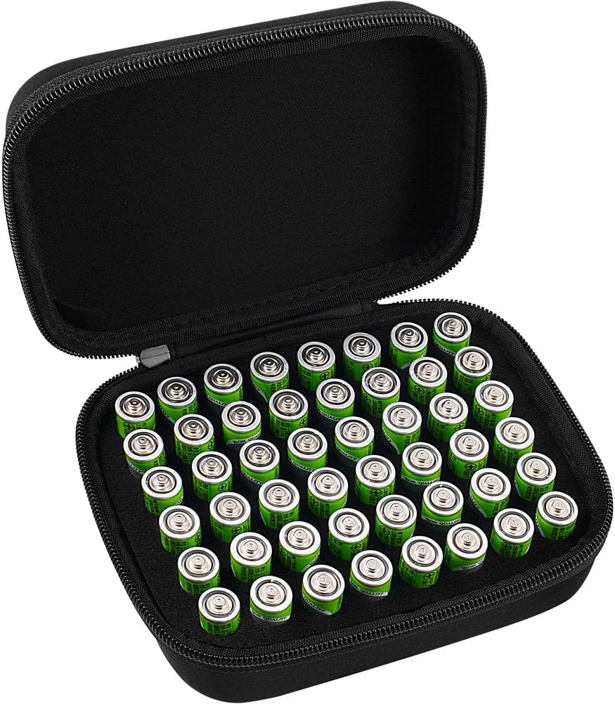 Comecase Battery Storage Case with Tester, Holds 148+ AA AAA C D 9V, Black | Hard-Shell Design, Carry Handle and Custom Foam Slots Keep Batteries Visible, Separated and Ready for Home, Garage or Office