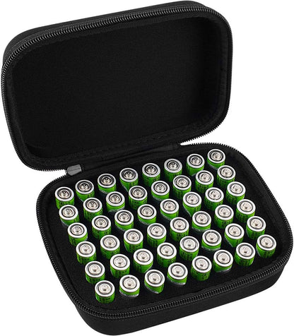 Comecase Battery Storage Case with Tester, Holds 148+ AA AAA C D 9V, Black | Hard-Shell Design, Carry Handle and Custom Foam Slots Keep Batteries Visible, Separated and Ready for Home, Garage or Office