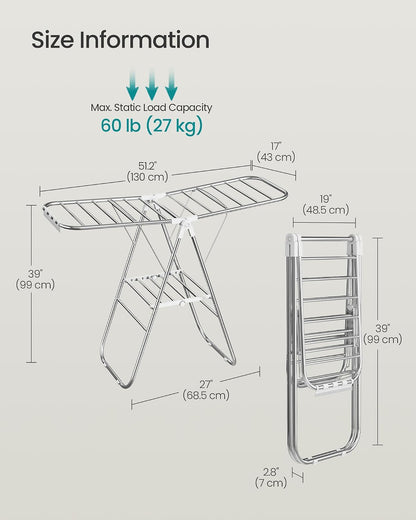 SONGMICS Clothes Drying Rack, Foldable Laundry Drying Rack, Blue | Sock Clips, Metal Clothes Airer with Height-Adjustable Gullwings, Space-Saving, Indoor Outdoor, ULLR505EQ01