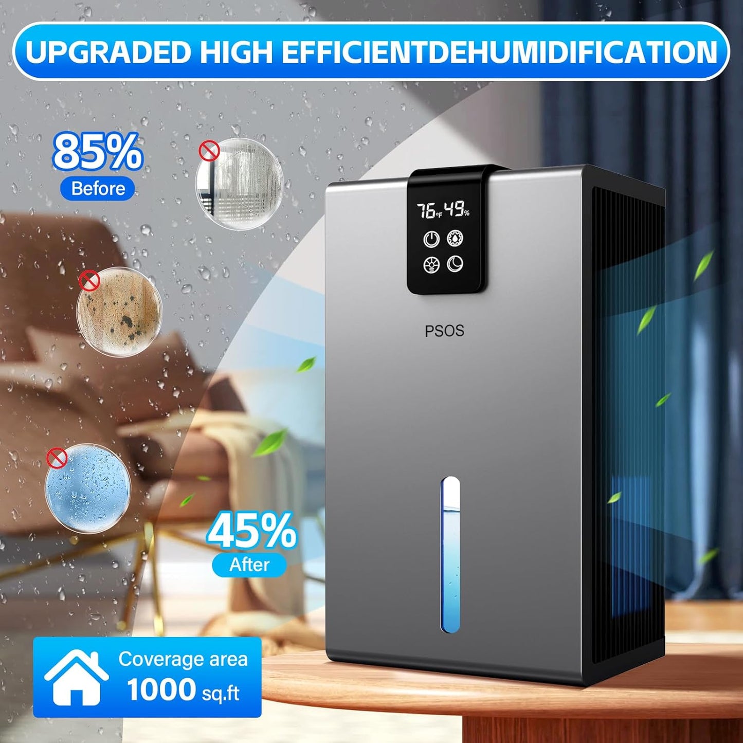 PSOS Dehumidifier, Dehumidifiers for Home, 98 OZ Water Tank, (1000 sq.ft) Quiet Dehumidifier for Bathroom Basement Bedroom with Humidity Display, Relaxing 7 Color Ambient Light, Auto Shut Off(White)