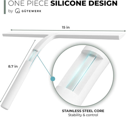 GÜTEWERK Silicone Shower Squeegee for Glass Doors & Mirrors with Stainless Steel Core, Streak-Free & No-Squeak Window Cleaning, 3-in-1 No-Drill Mount (Hook/Suction/Adhesive),White, 9 Inches