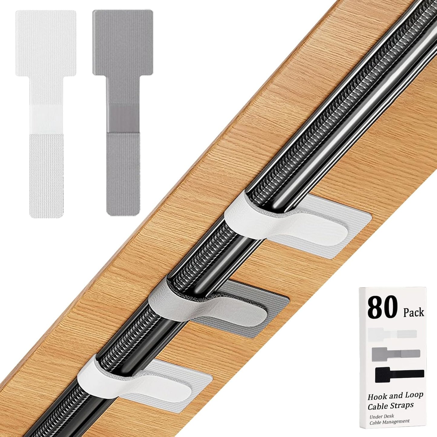80PCS Hook and Loop Cable Straps, Cable Management Under Desk, Adhesive Cable Ties, Reusable Wire Organizers for Cords, Cords Management, Computer Accessories for Desk, Home Office Essentials, Gray