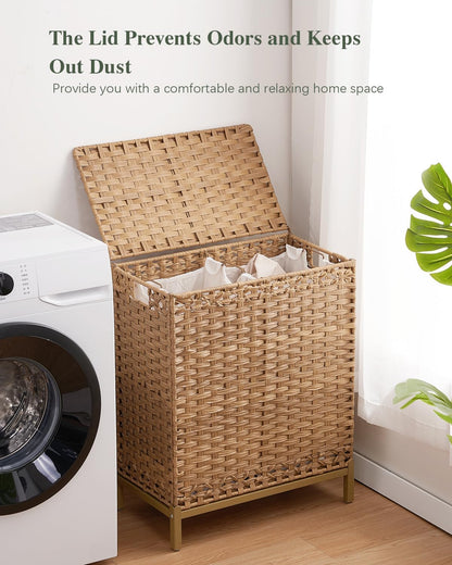 SETVSON Laundry Hamper with Lid 132 L, (35 Gallons) Clothes Hamper with Lid, Handwoven Rattan Laundry Hamper with Metal Heightened Feet, Laundry Hampers with 3 Removable Liner Bags for Laundry-Natural