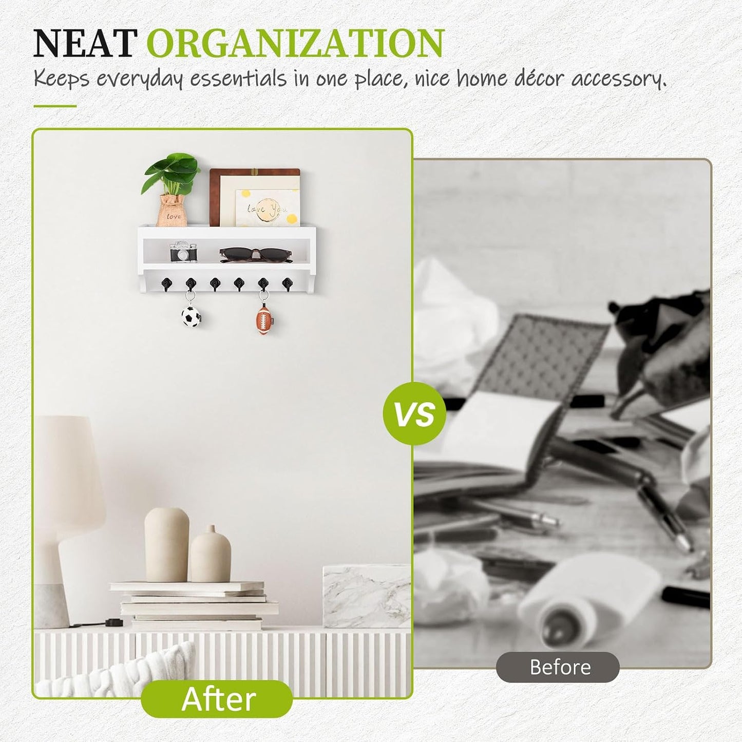 Nekon Key Holder Wall Mount, 12.8" W x 5.6" H x 3.7" D Wall Mounted Key and Mail Organizer with 6 Key Hooks, Key Racks for Home Entryway Decor (White)