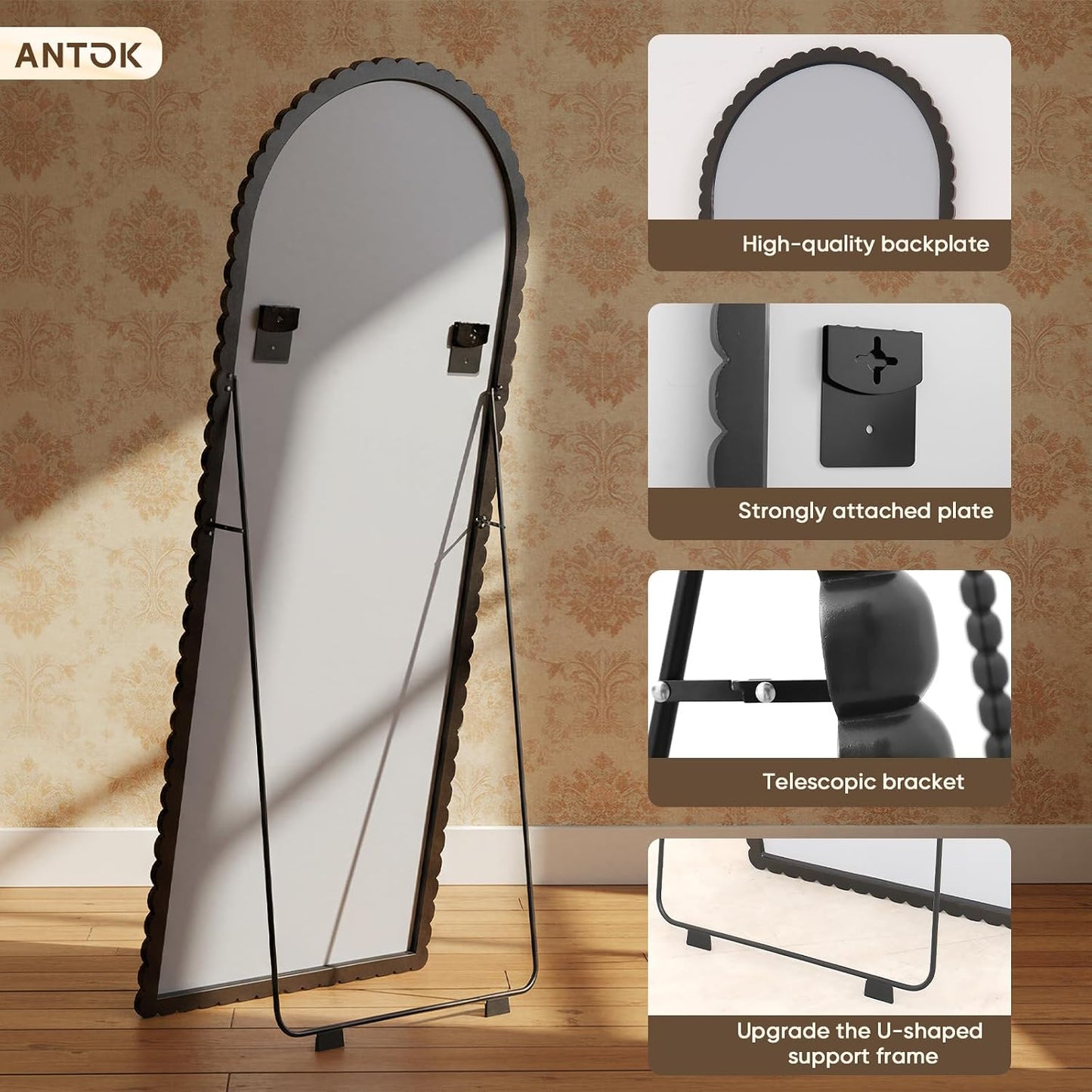 Antok 58" x 21" Arched Full Length Mirror, Antique Beaded Frame Floor Standing or Wall Mounted Mirror with Stand for Bedroom, Entryway, Brown, Luxury Style