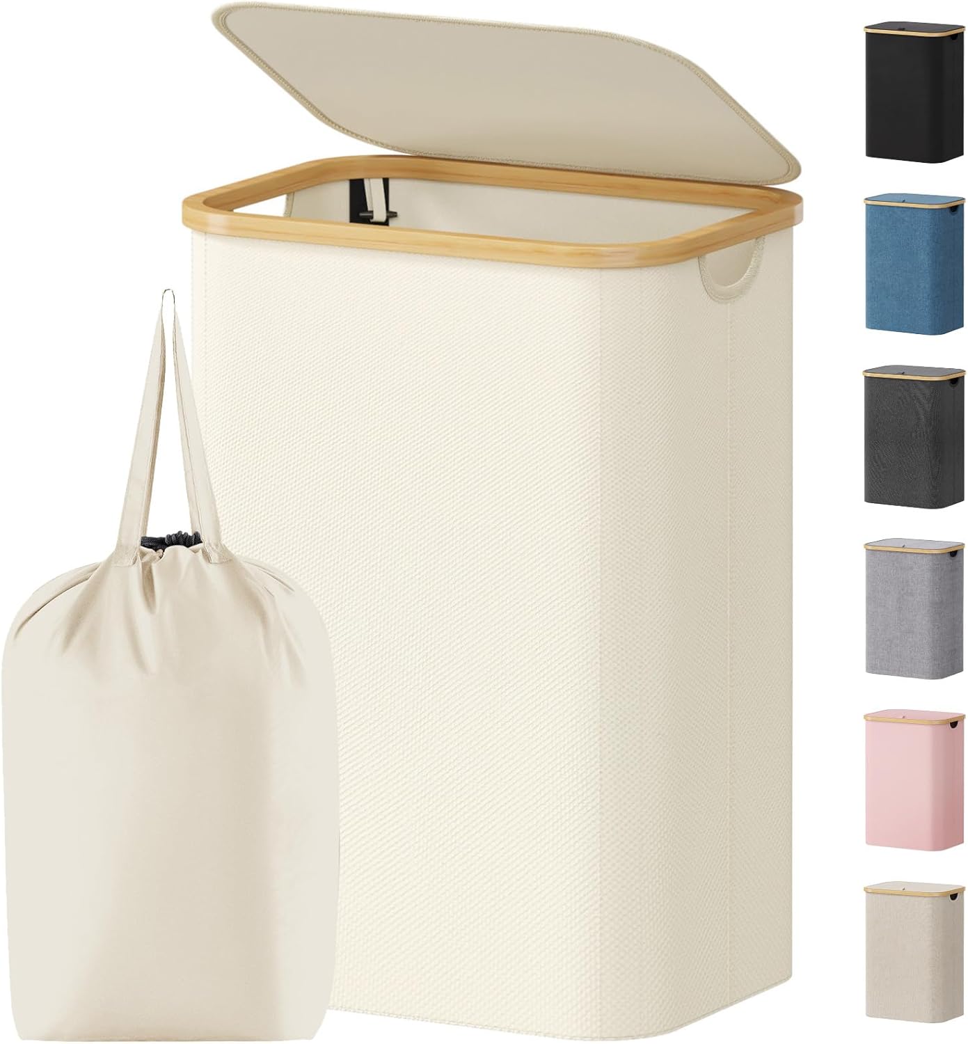 Lifewit 120L Laundry Basket with Lid, Clothes Hampers for Laundry with Bamboo Handles and 2 Removable Bag, Large Foldable Laundry Hamper for Bedroom, Bathroom, Dorm, Laundry Room, Beige