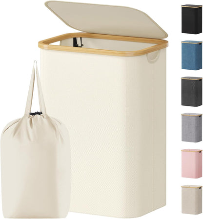 Lifewit 120L Laundry Basket with Lid, Clothes Hampers for Laundry with Bamboo Handles and 2 Removable Bag, Large Foldable Laundry Hamper for Bedroom, Bathroom, Dorm, Laundry Room, Beige