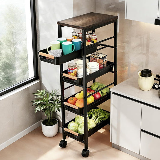 Slim Storage Cart with Wheels Pull-Out 5-Tier Rolling Storage Cart | narrow black 8.07in Wide, Mesh Baskets with Raised Edge, Wood-Grain Top, 360° Lockable Casters, Easy Assembly