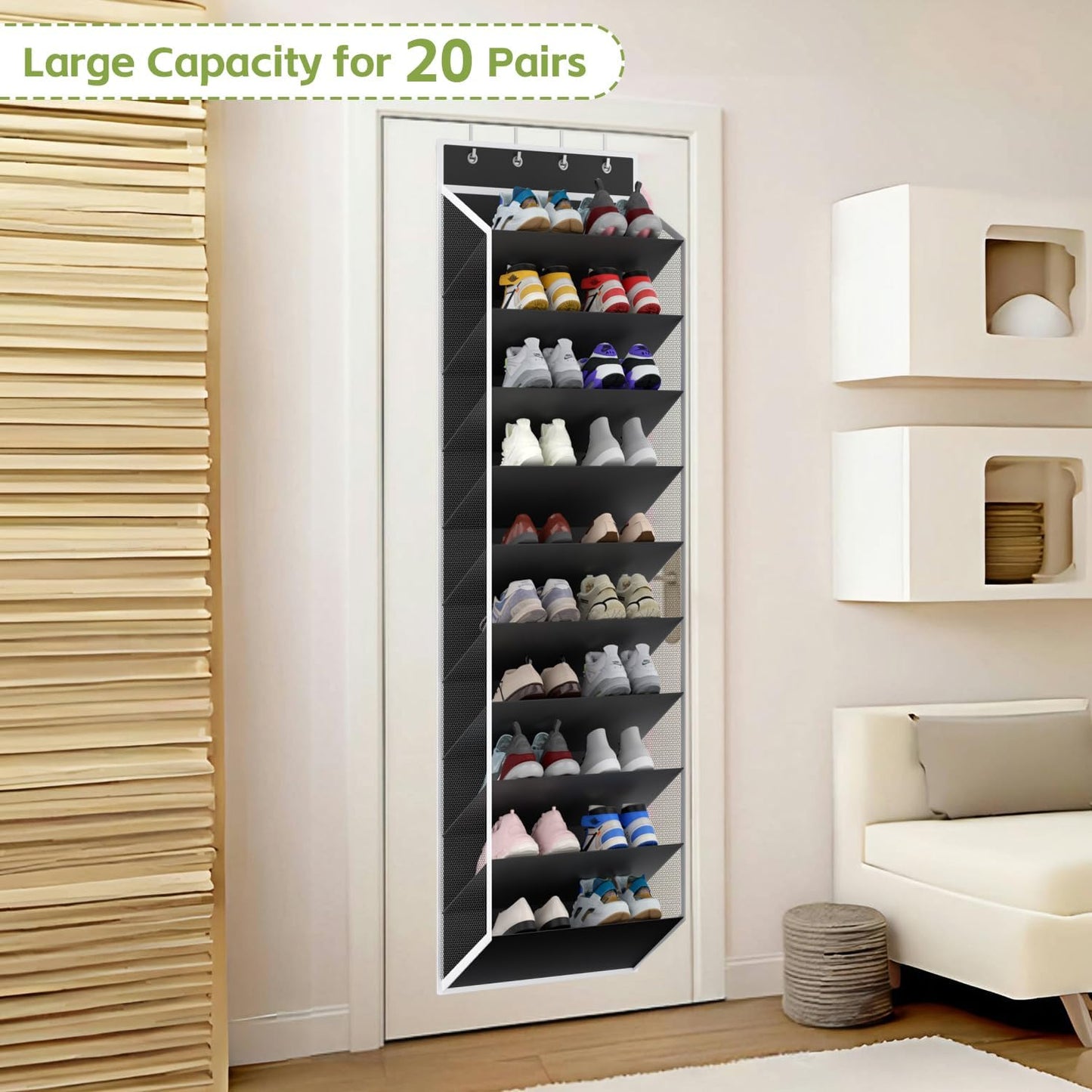 KEEPJOY Over the Door Shoe Organizer, Hanging Shoe Organizer with 4 Hooks, Shoe Holder with 14 Mesh Pockets Closet Door Shoe Storage Bag (White-2Pack)