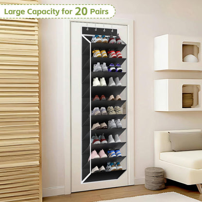KEEPJOY Over the Door Shoe Organizer, Hanging Shoe Organizer with 4 Hooks, Shoe Holder with 14 Mesh Pockets Closet Door Shoe Storage Bag (White-2Pack)