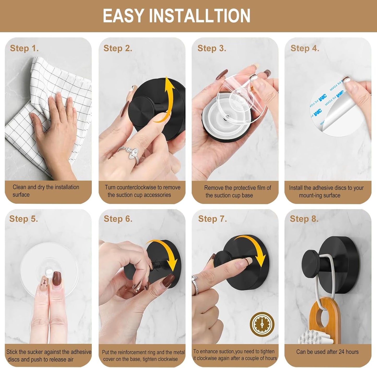 ZESLMG Adhesive Hooks for Shower, Black Self Sticky Hooks for Glass Window Kitchen Wall, Removable Bath Robe Loofah Door Wreath Coat Towel Hook No Damage for Hanging, 2 Pack