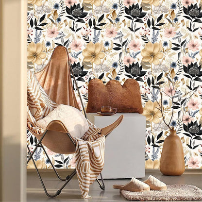 MuralPeel White/Pink/Gold Floral Garden Black Blue Flowers Vintage Peel and Stick Wallpaper Self Adhesive Removable Easy Peel Off Contact Paper Stick on Wall Paper for Bedroom Cabinet Renter Friendly