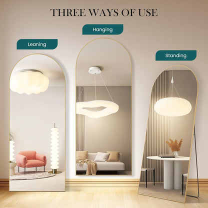 DUMOS 64"x21" Arched Full Length Floor Mirror, Full Body Mirror with Stand, Shatterproof Tempered Glass, Modern Aluminum Alloy Frame, Free Standing or Leaning for Home Decor, Gold