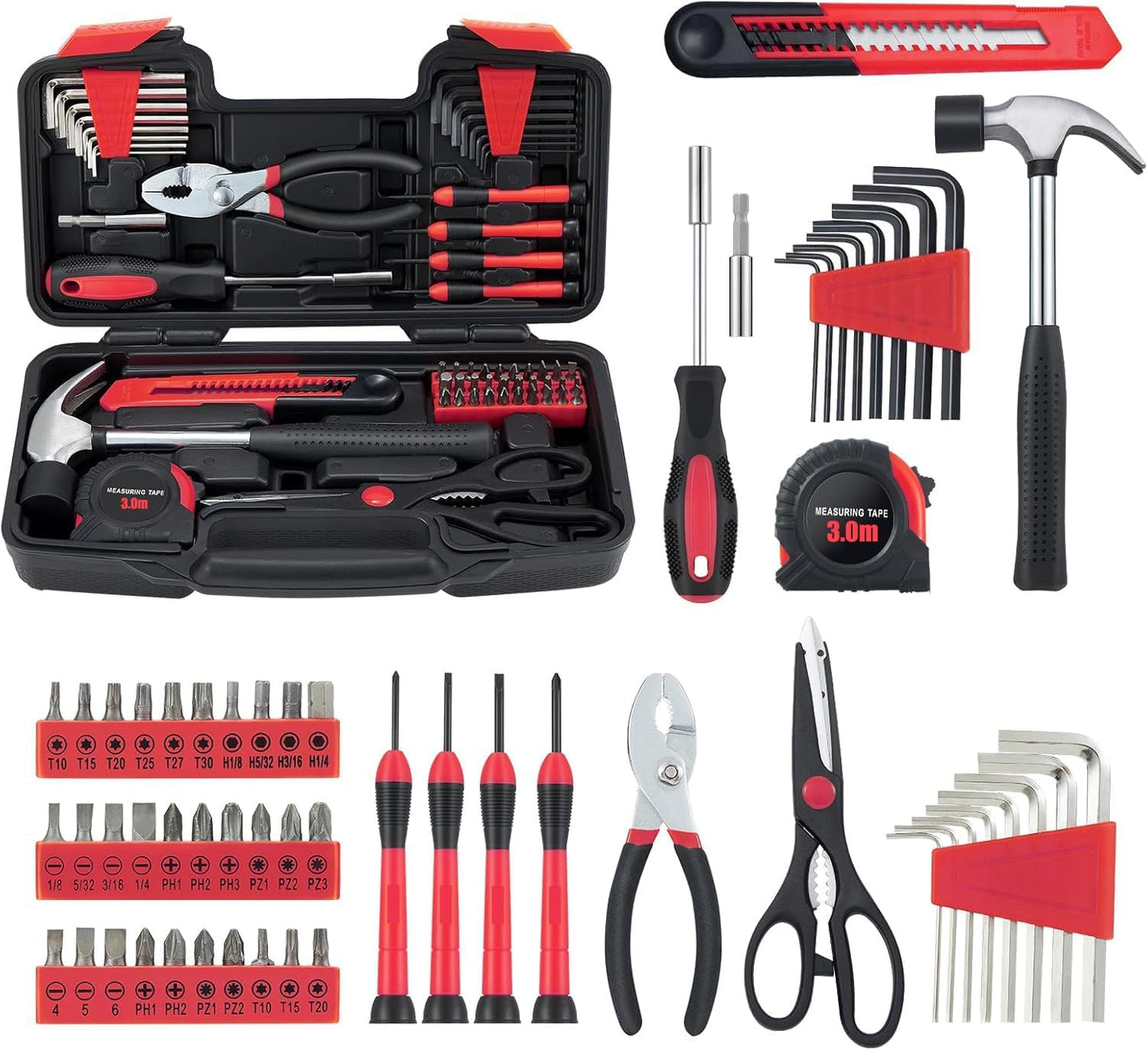 MARTCOLOR 58 Piece Household Tool Set, General Household Hand Tool Kit with Plastic Toolbox Storage Case, All Purpose Household Tool Kit for Women, Girls and Ladies, Pink