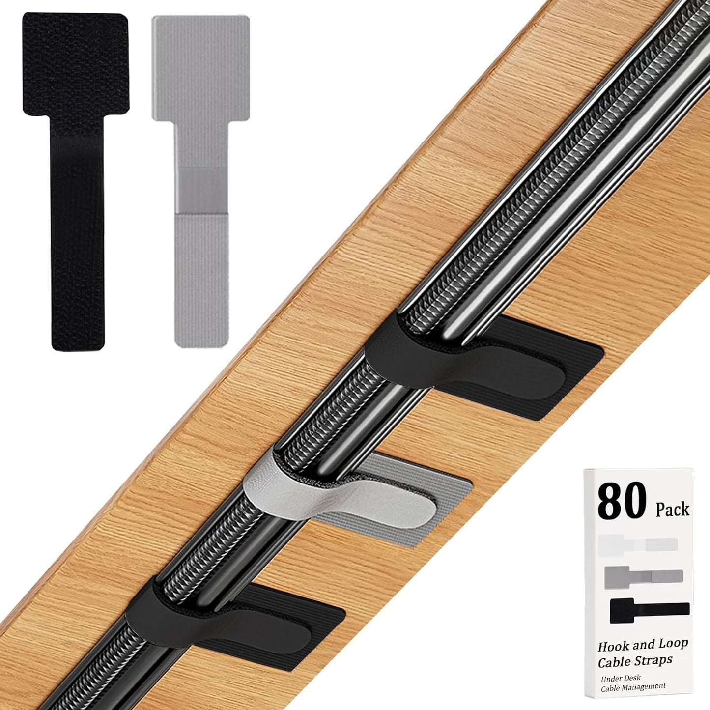 80PCS Hook and Loop Cable Straps, Cable Management Under Desk, Adhesive Cable Ties, Reusable Wire Organizers for Cords, Cords Management, Computer Accessories for Desk, Home Office Essentials, Gray