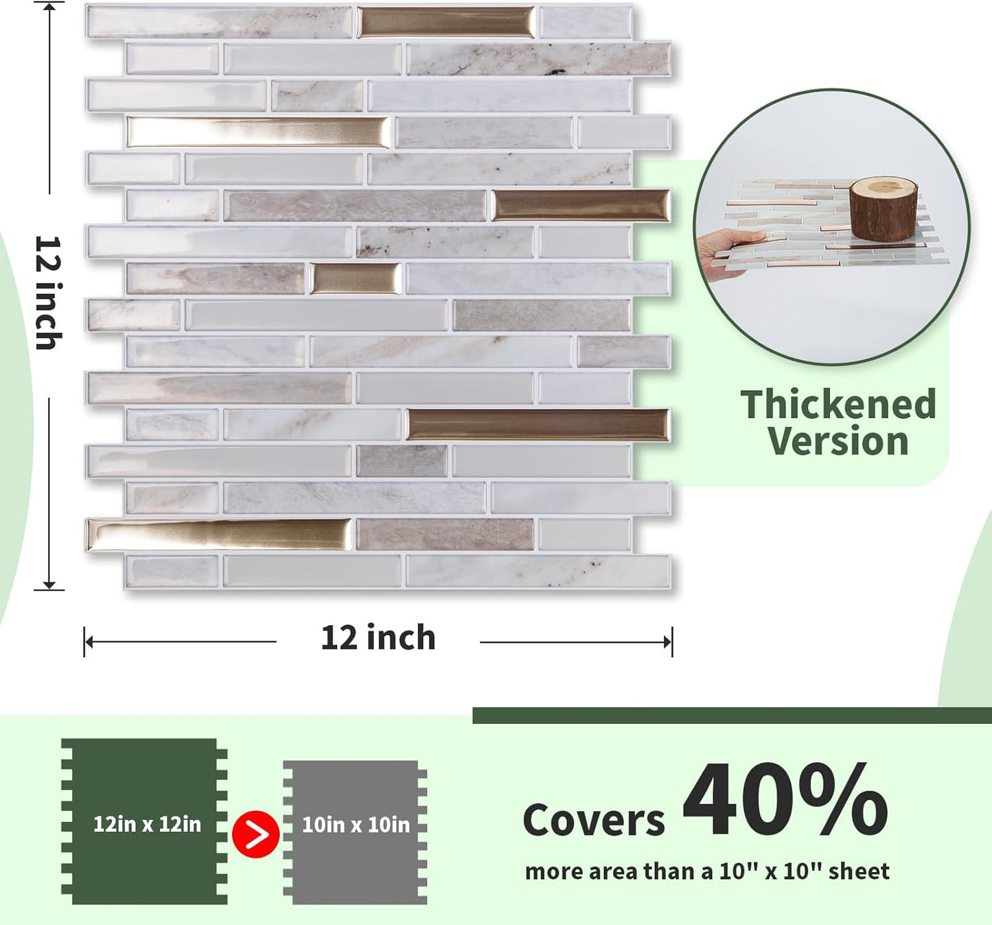 LONGKING 10-Sheet Extra Thick Peel and Stick Backsplash Tiles, Waterproof Kitchen Backsplash Peel and Stick Tile, Self-Adhesive Backsplash for Kitchen, Beige & White