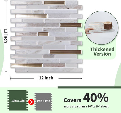 LONGKING 10-Sheet Extra Thick Peel and Stick Backsplash Tiles, Waterproof Kitchen Backsplash Peel and Stick Tile, Self-Adhesive Backsplash for Kitchen, Beige & White