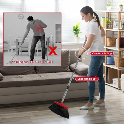 Heavy Duty Angle Broom, 55-Inch Long Handle Extra Wide 12.6 Inch Head, Stainless Steel Tube & PP Bristles for Pet Hair and Dust, Floor Safe - Black