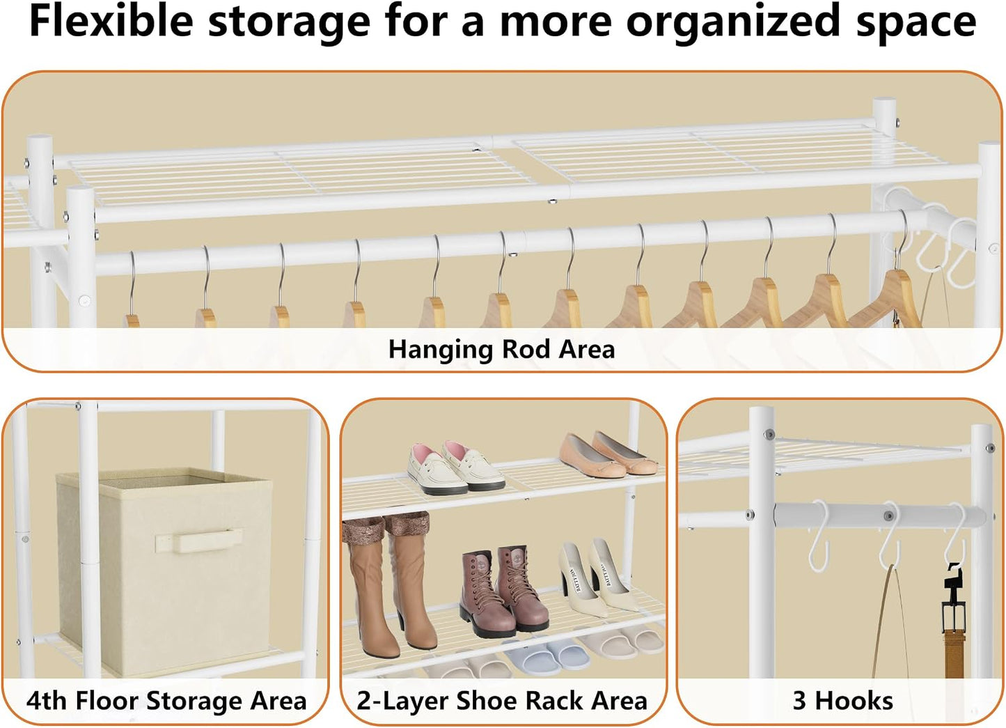 Wardrobe Closet,Portable Clothes Rack with 4 Tiers Shelves,Freestanding Closet Organizers and Storage System with Hanging Rods,Steel Clothing Rack Suitable for Cloakrooms,Bedrooms,Entrances,etc.Black