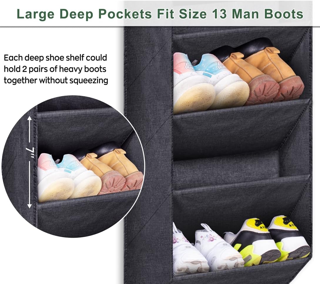 SLEEPING LAMB Over The Door Shoe Organizer for Closet with Large Deep Pockets, Narrow Shoe Rack for Door Hanging Boots Storage, Black