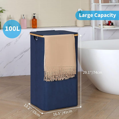 efluky Slim Laundry Basket with Lid, Narrow Laundry Hamper with Removable Bag, Skinny Dirty Clothes Basket with Bamboo Handles for Bathroom, Bedroom & Laundry Room, 75L Beige