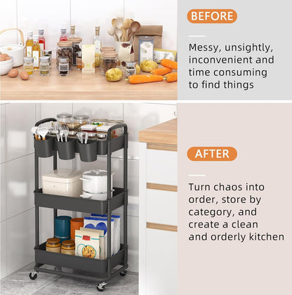 JIUYOTREE 4-Tier Plastic Rolling Storage Cart Utility Cart with Extra Hanging Cups Handles Lockable Wheels for Living Room Bathroom Kitchen Office White